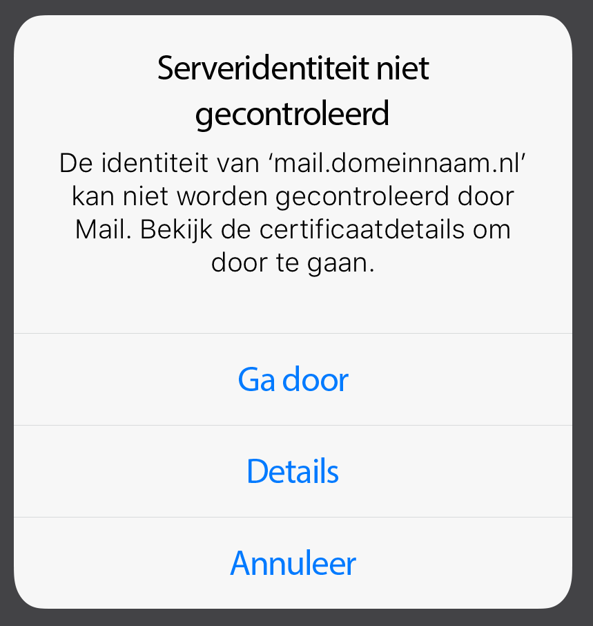 iphone-serveridentiteit-controleren - Screenshot van iOS-device dat een foutmelding geeft op de serveridentiteit.